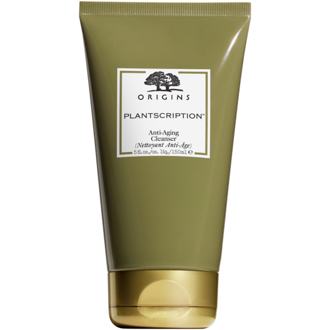 Grüne Tube mit goldfarbenem Deckel. Aufschrift: Origins Plantscription Anti-Aging Cleanser.