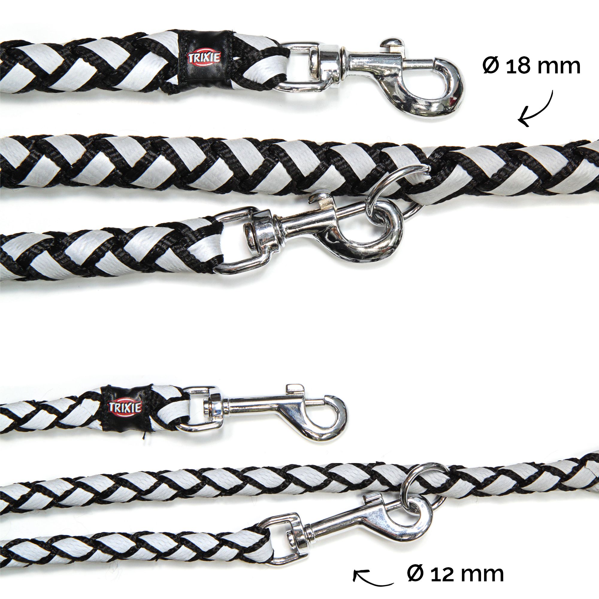 Geflochtene Führleine, schwarz-weiß. Trixie-Logo. Karabinerhaken, Durchmesser 12mm und 18mm.