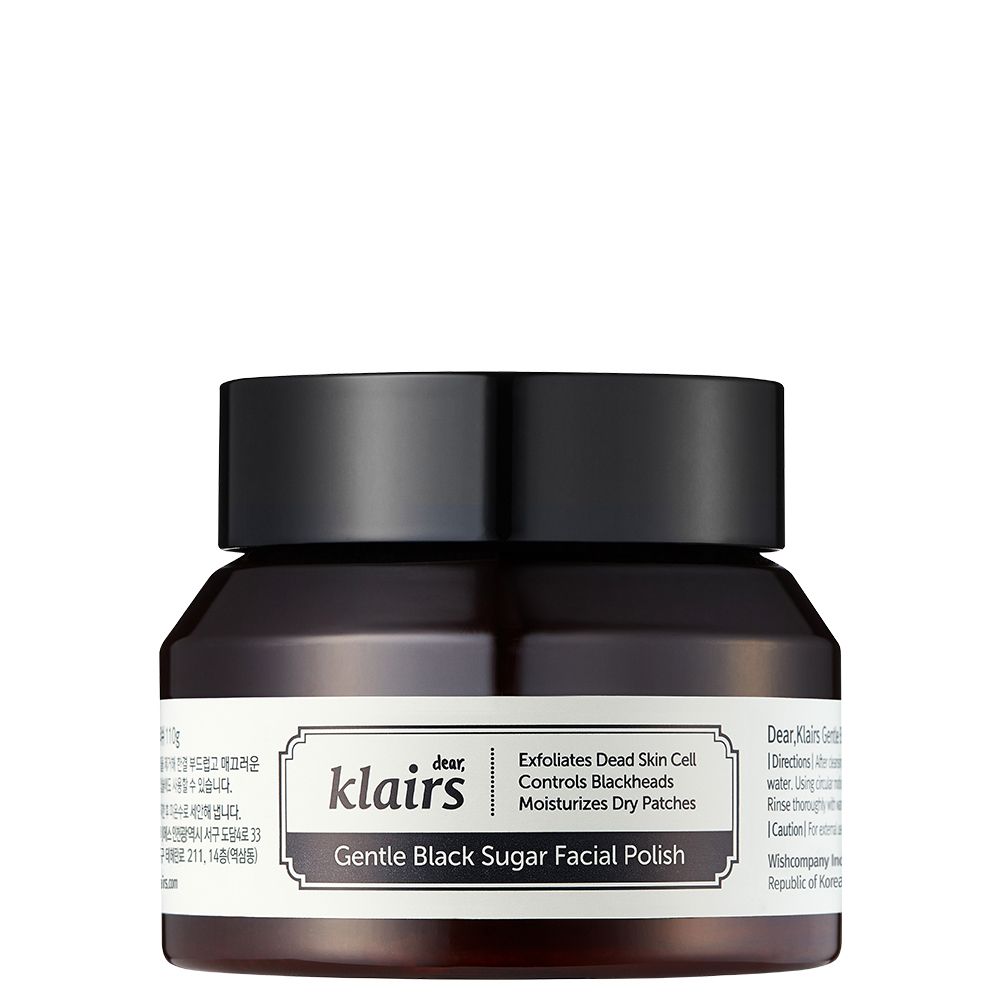 Klairs Gentle Black Sugar Facial Polish Tiegel mit schwarzem Deckel und Etikett auf weißem Grund.