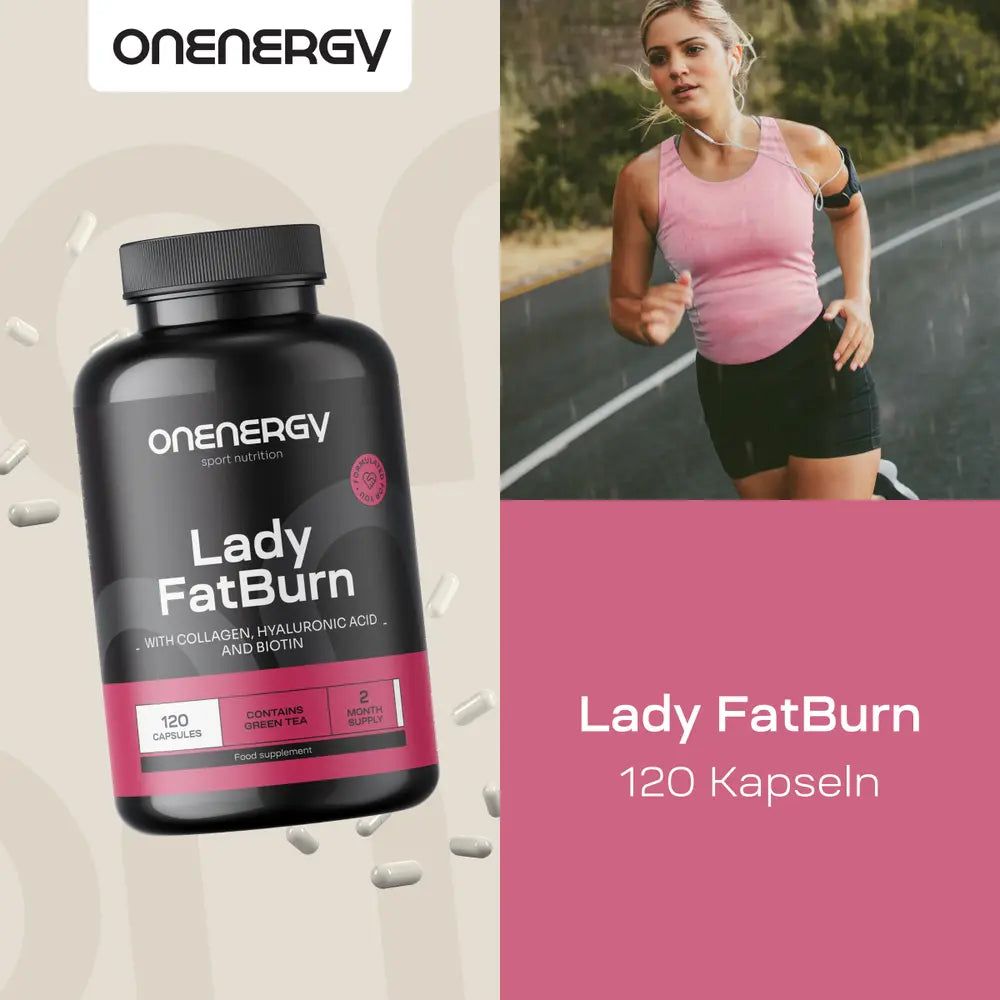 Werbebild mit Frau und Produkt. Flasche: OnEnergy Lady FatBurn. 120 Kapseln. Rosa Hintergrund. Frau beim Joggen.
