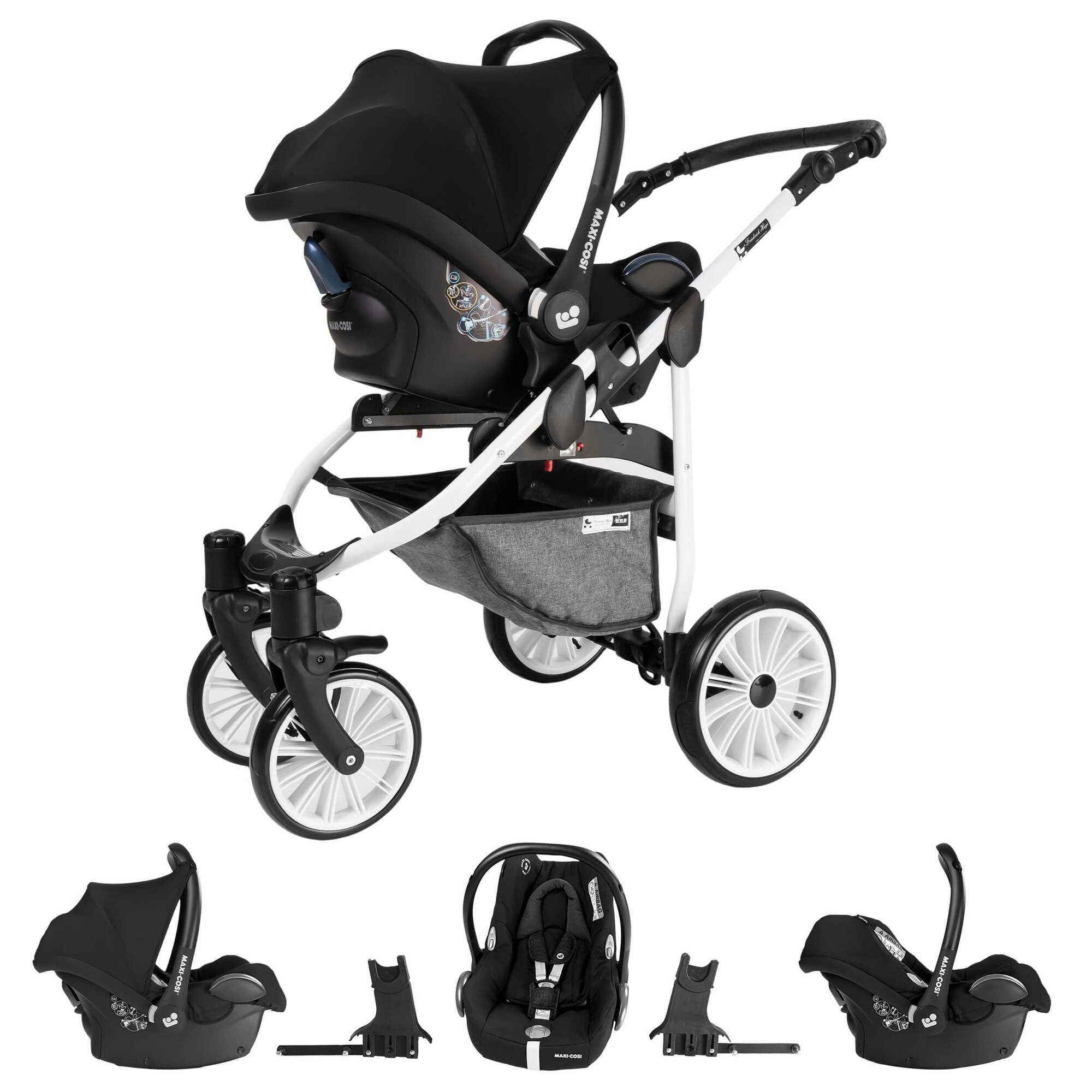 Friedrich Hugo Berlin 3 in 1 Kinderwagen mit Original Maxi Cosi, Gel Dark Blue and Beige Day