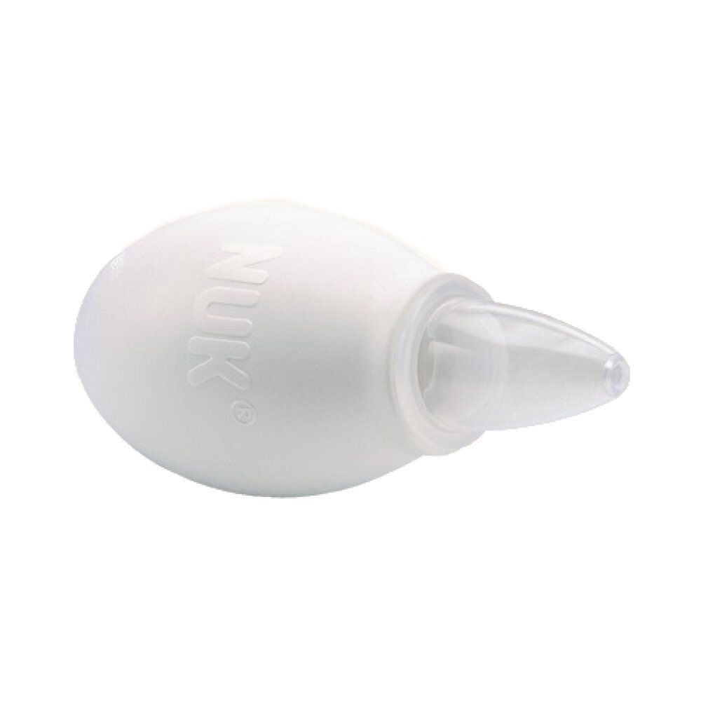 Weißer Nasensauger mit transparentem Aufsatz. Prägung: NUK. Birnenförmiger Körper.