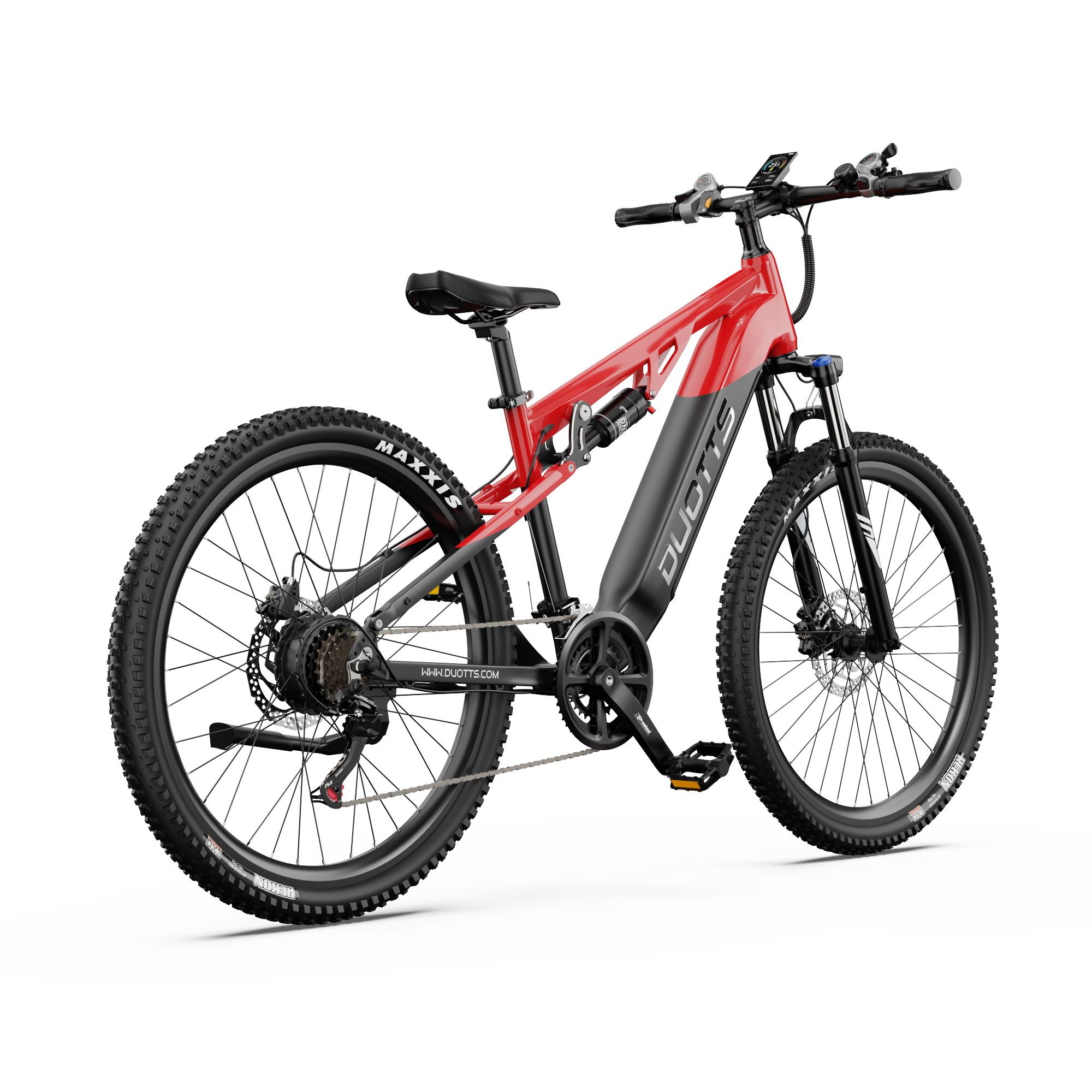 Rotes und schwarzes E-Mountainbike. Räder, Rahmen, Sattel und Lenker sichtbar. Marke DUOTTS.