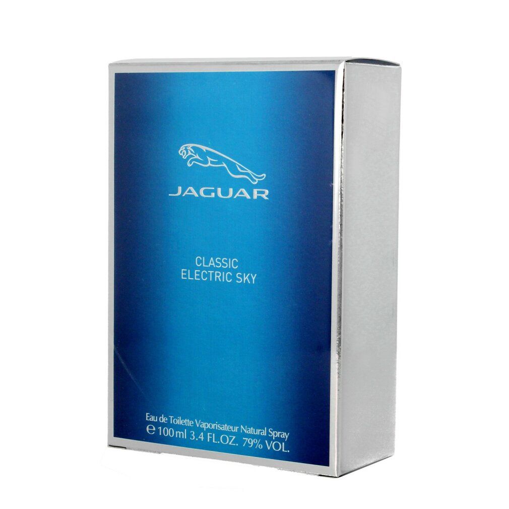 Blaue Verpackung mit silbernem Rahmen. Aufschrift: JAGUAR, CLASSIC ELECTRIC SKY. Logo: springender Jaguar.