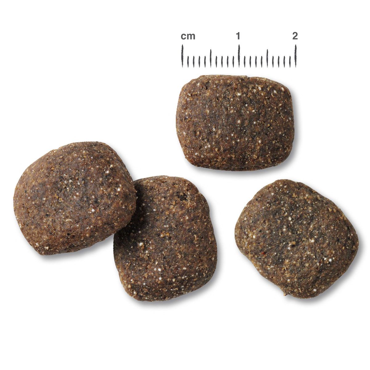 Vier Hundefutter-Kroketten mit Größenangabe (cm). Belcando Adult Power.