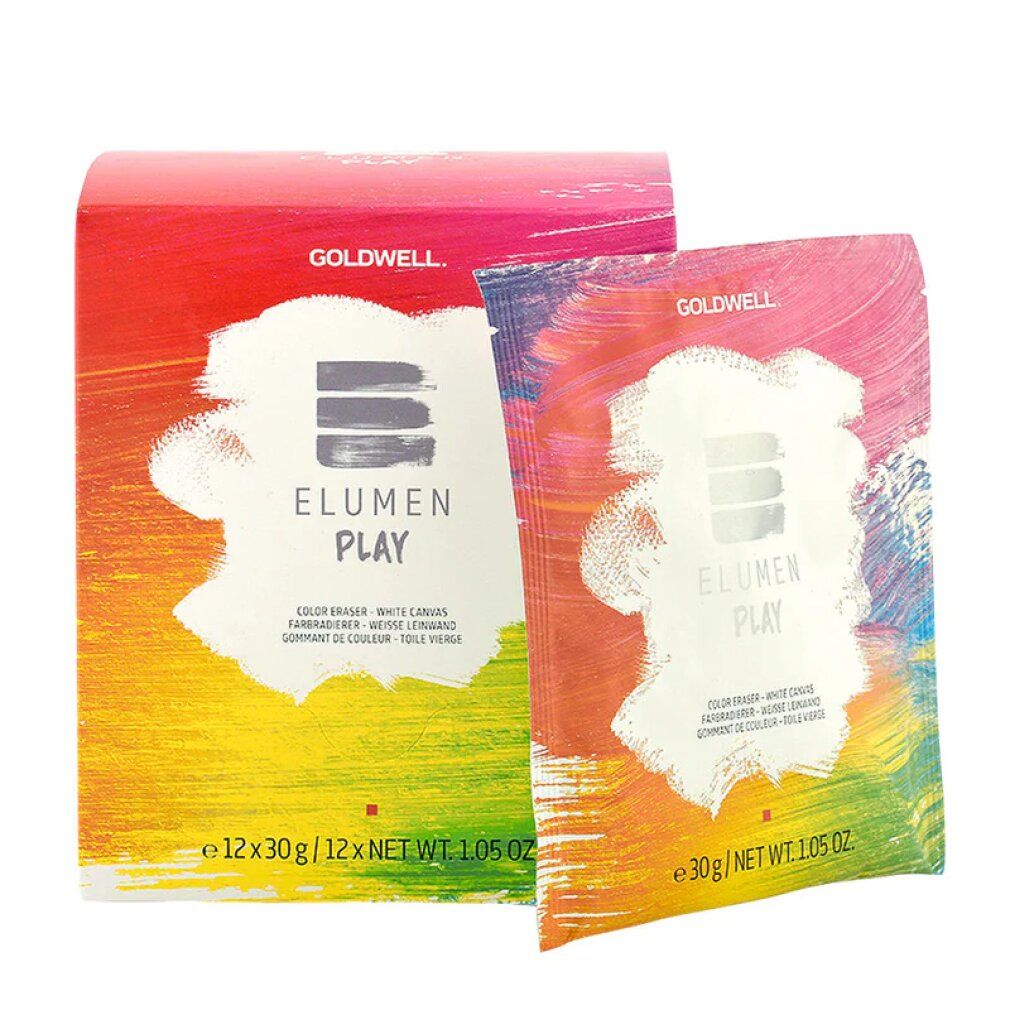 Goldwell ELUMEN PLAY Packungen. 12 x 30g und 30g. Farbige Verpackungen mit Produktnamen und Logo. Zwei Packungen nebeneinander.