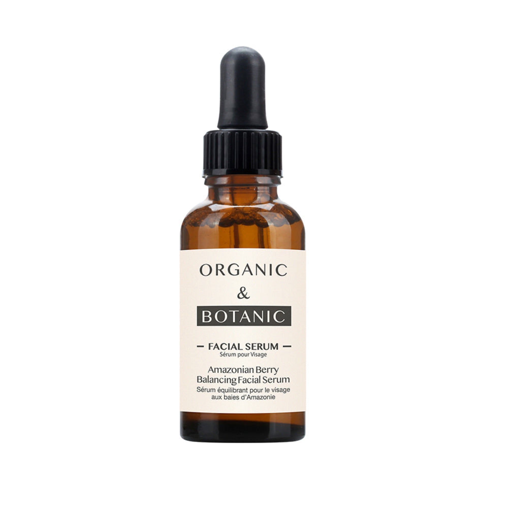 Braune Glasflasche mit schwarzer Pipette. Etikett mit "ORGANIC & BOTANIC" und "FACIAL SERUM".