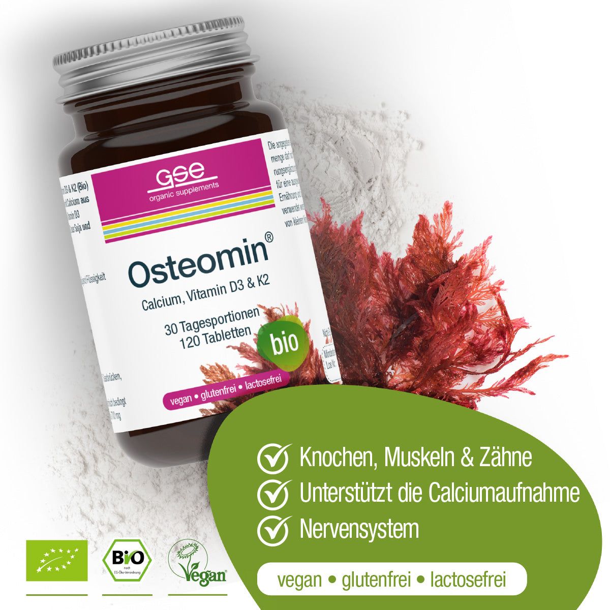 Braune Glasflasche mit Produktetikett. Aufschrift: Osteomin, Calcium, Vitamin D3 & K2. 120 Tabletten, bio, vegan, glutenfrei, laktosefrei.