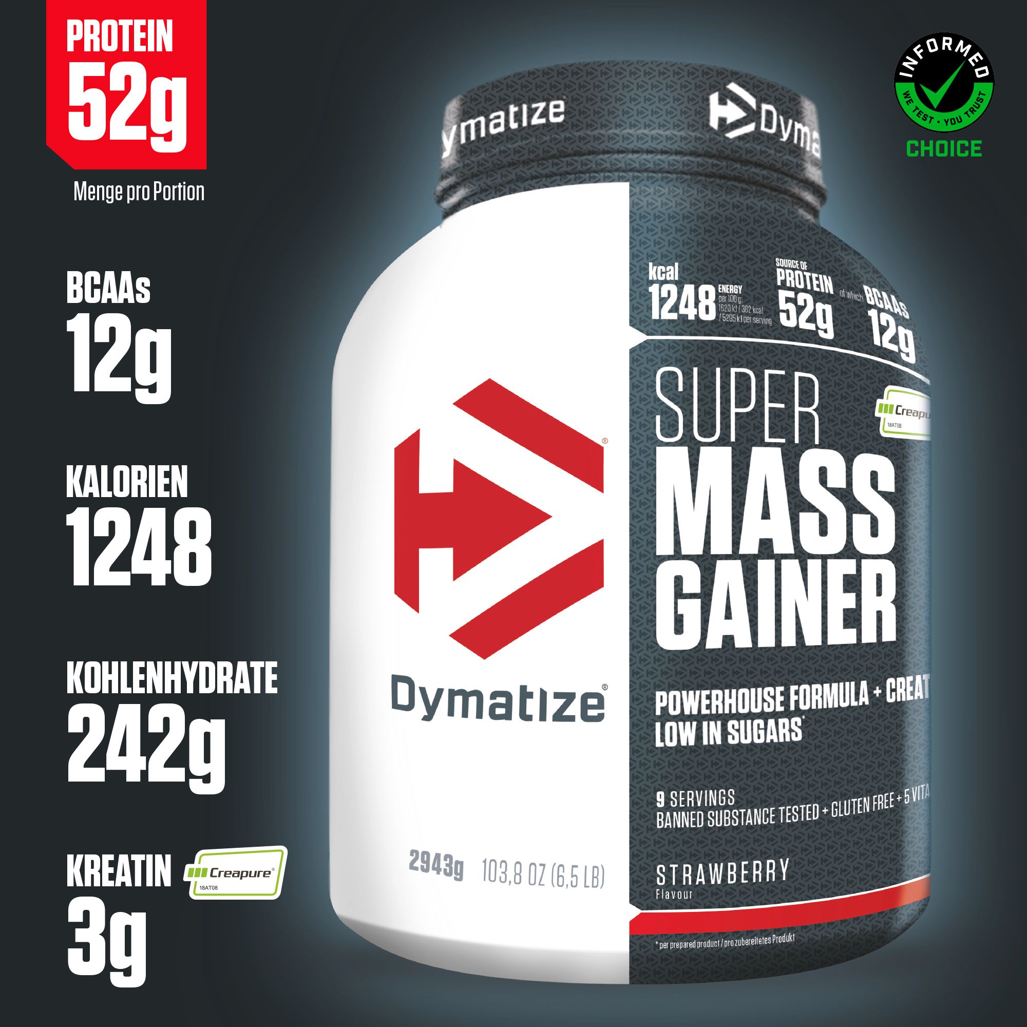 DYMATIZE Weight-Gainer Pulver Super Mass Kohlenhydrate Gourmet Strawberry