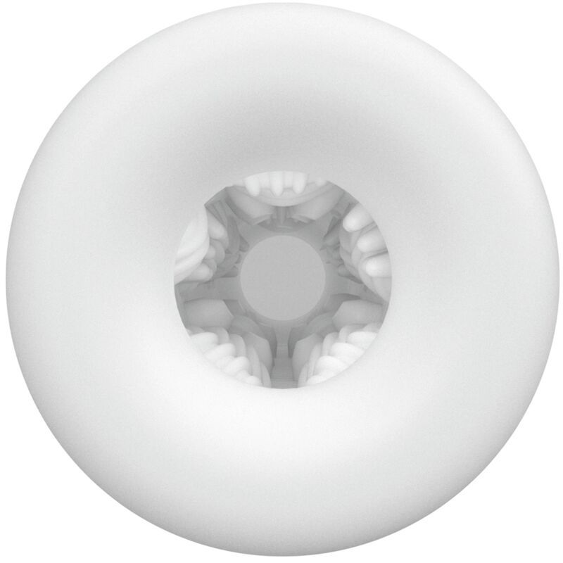 Weißer Masturbator, Ansicht von innen. Sichtbar sind innere Strukturen mit unterschiedlichen Texturen und Formen.