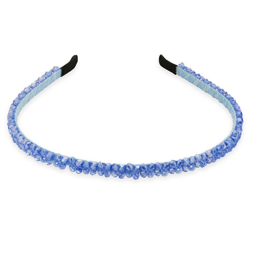 Hellblaues Stirnband mit blauen Perlen besetzt. Schwarze Enden. Auf hellem Hintergrund.