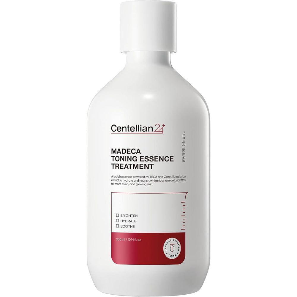 Weiße Flasche mit rotem Etikett. Aufschrift: Centellian 24 Madeca Toning Essence Treatment. Mit Messskala.