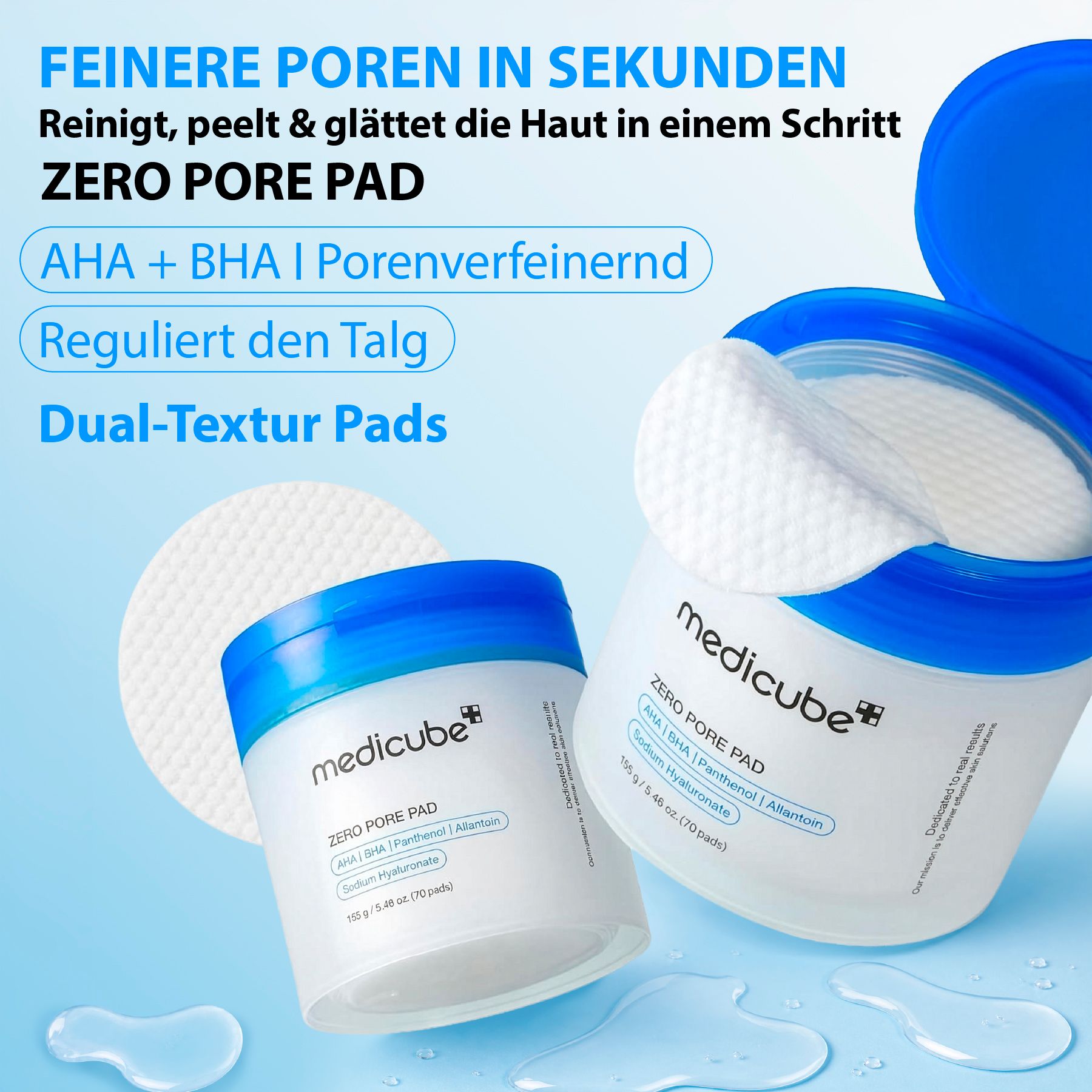 Medicube Zero Pore Pad Behälter, ein Pad wird entnommen.