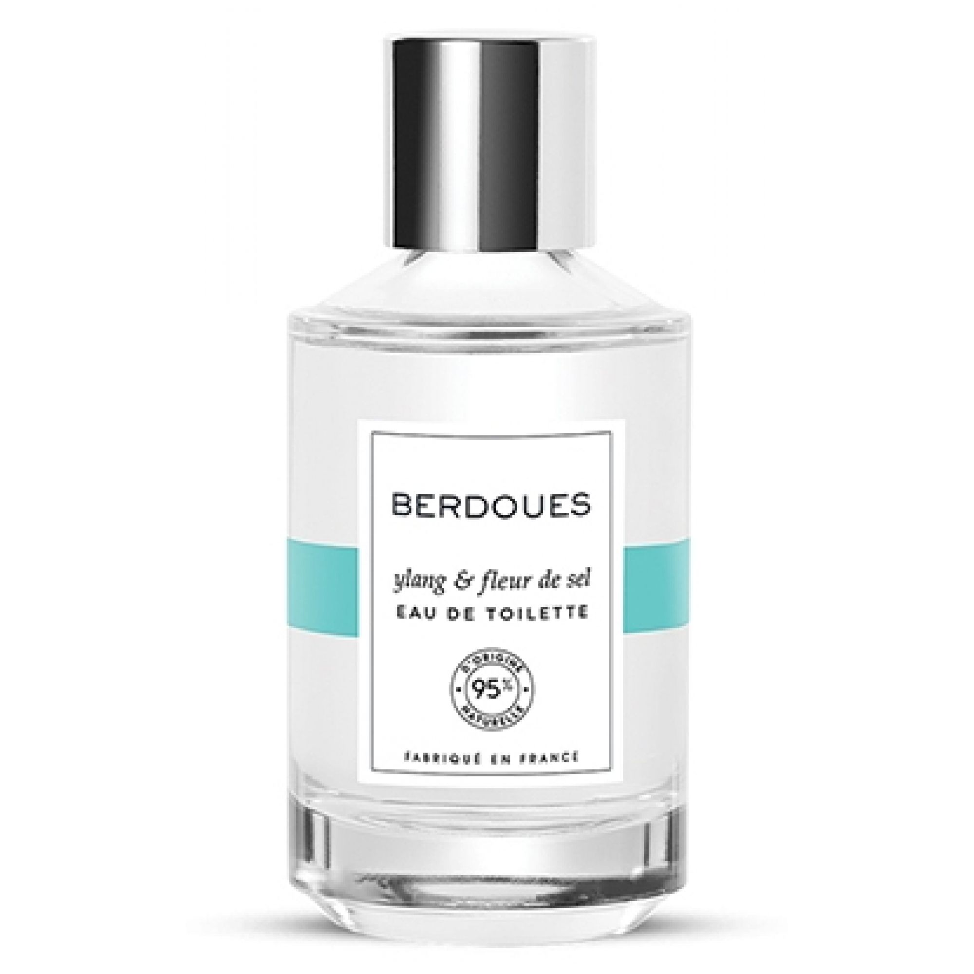 Glasflakon mit silbernem Verschluss, Etikett mit "BERDOUES ylang & fleur de sel EAU DE TOILETTE" und "95% d'origine naturelle".
