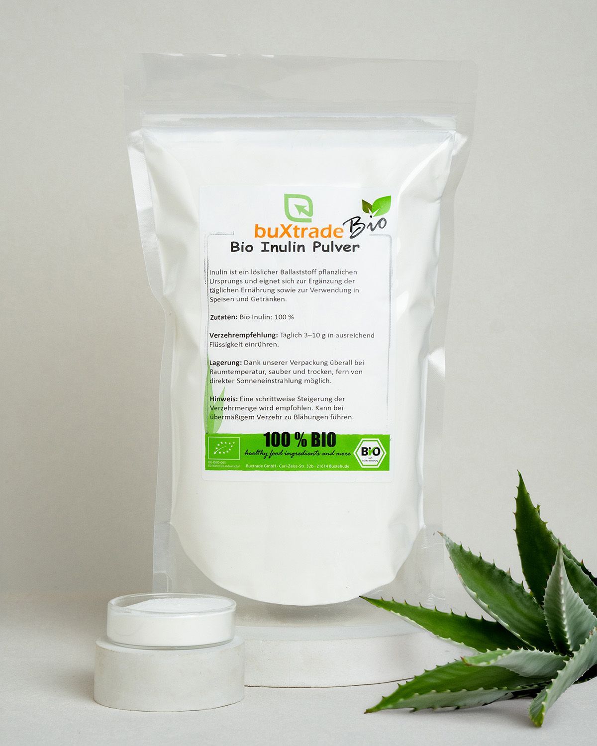 buXtrade Bio Inulin Pulver Beutel und Glas mit Agavenblatt.