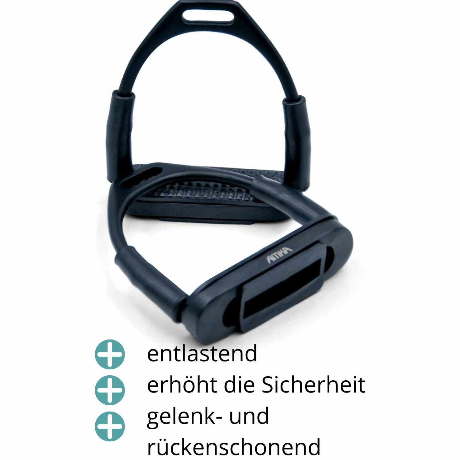 Schwarzer Steigbügel mit Gelenk. AMKA-Logo. Text: entlastend, erhöht die Sicherheit, gelenk- und rückenschonend.