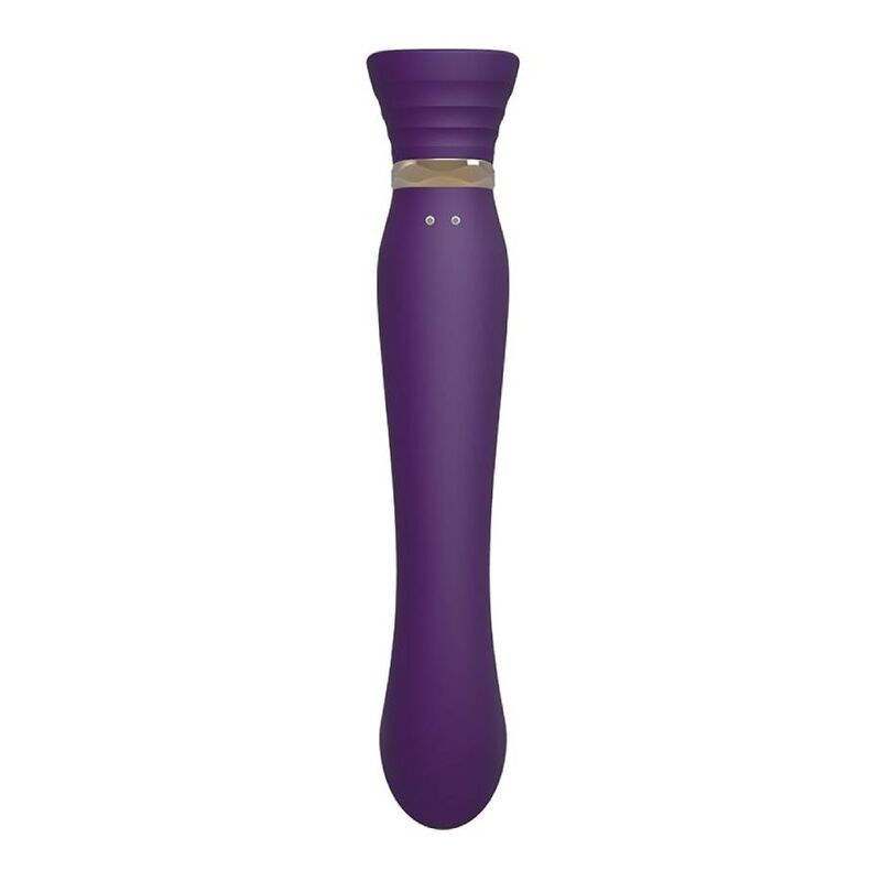 Lila Vibrator mit geradem Design, goldfarbenen Akzenten. Oben geriffelt.