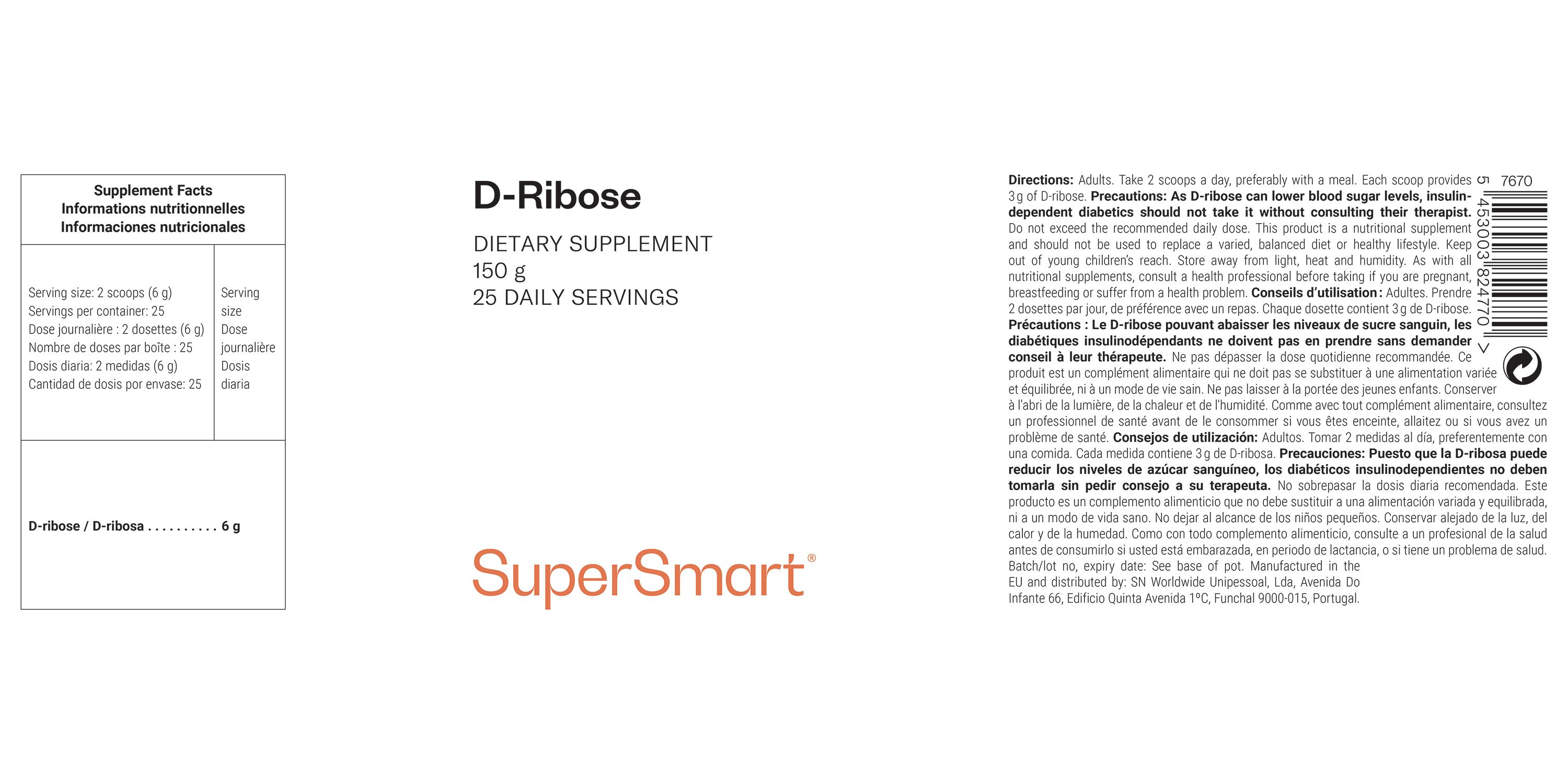 D-Ribose-Nahrungsergänzungsmittel-Etikett. Enthält Informationen zu Inhaltsstoffen und Nährwerten. SuperSmart-Logo.