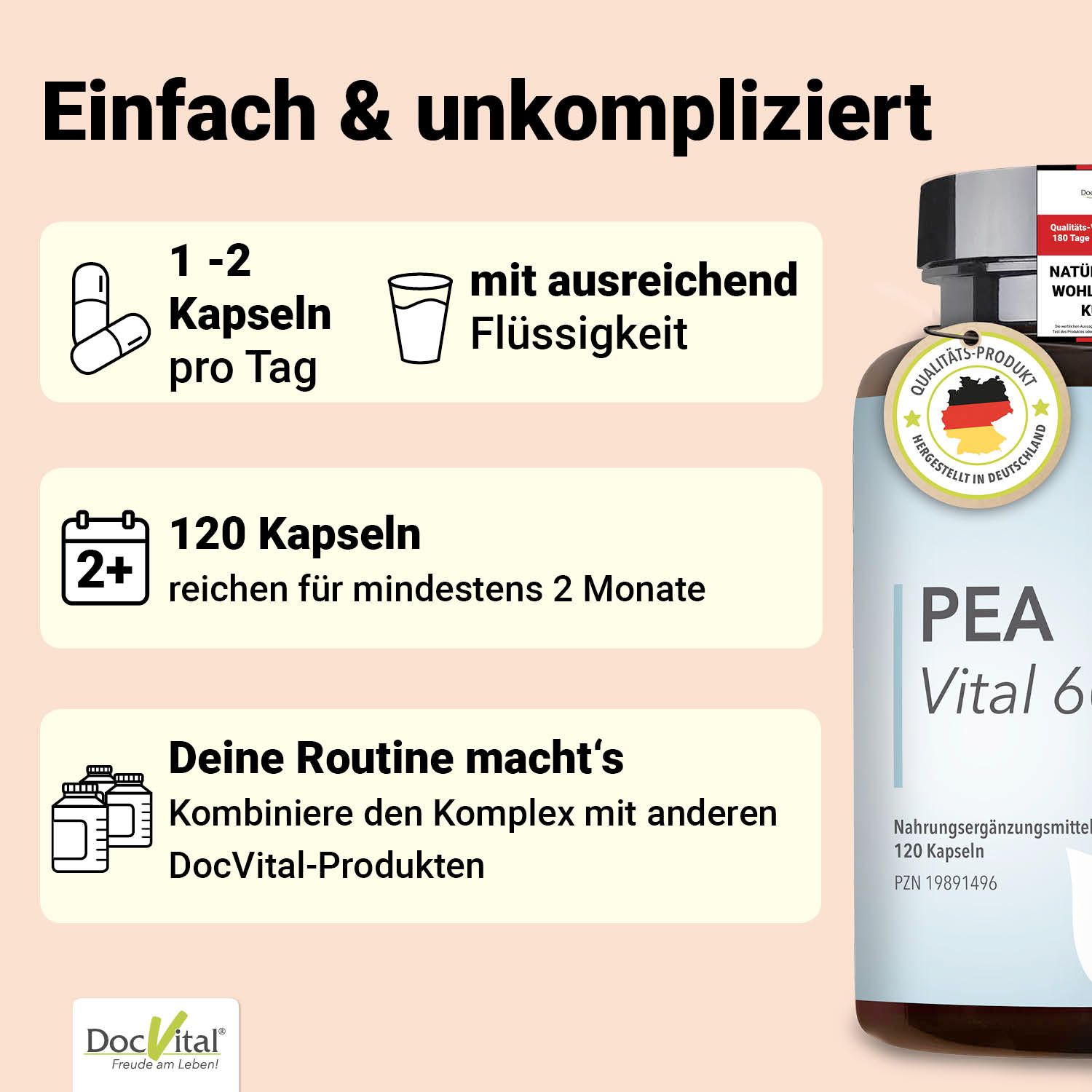 PEA Vital 600 Dose. Text: Einfach & unkompliziert. 1-2 Kapseln pro Tag. 120 Kapseln. Kombinieren mit anderen DocVital-Produkten.