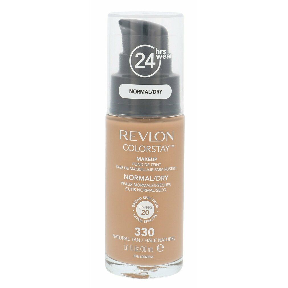 Revlon Colorstay Make-up-Flasche. Mit Pumpe, 330 Natural Tan. Für normale/trockene Haut. SPF 20. Schwarzer Pumpkopf, transparente Kappe.