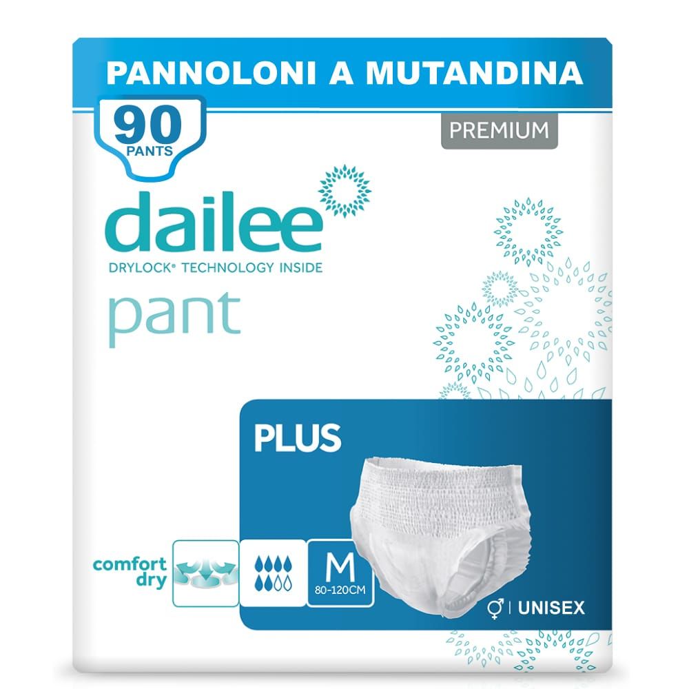 Verpakking Dailee Pants Plus. 90 Pants, Premium. Maat M, 80-120cm. Unisex. Comfort Dry.