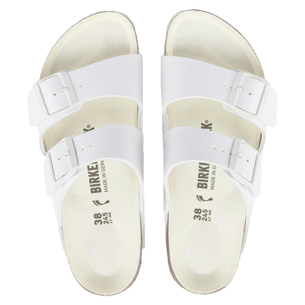 Paio di sandali bianchi con due cinturini e fibbie. Marchio Birkenstock. Taglia 38.
