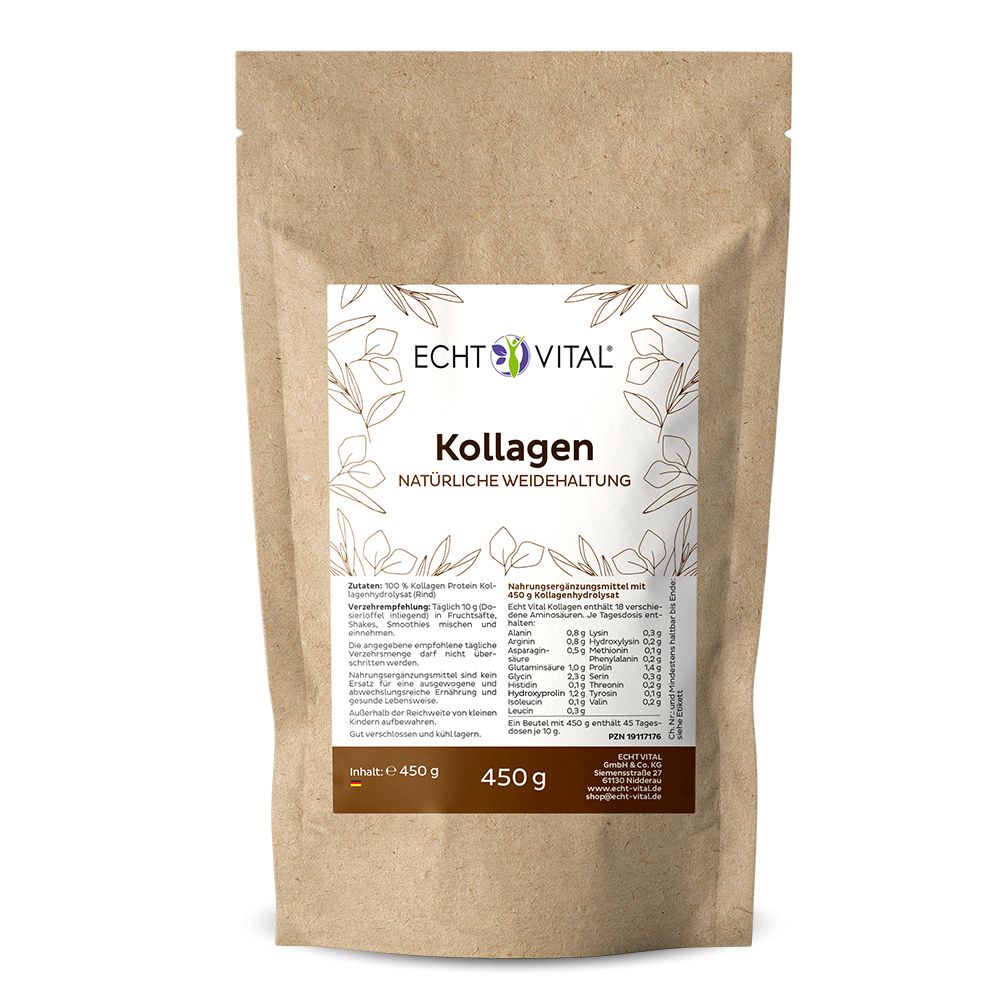 Brauner Beutel mit Kollagenpulver und Etikett mit Produktinformationen und Nährwertangaben.
