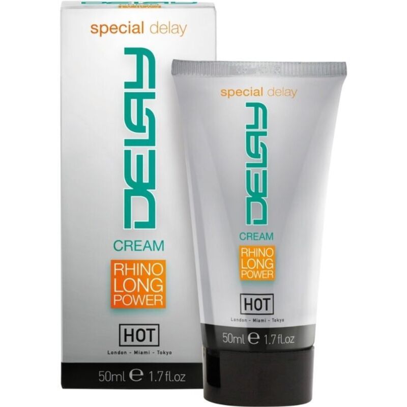 Produktverpackung: Tube und Schachtel. Text: DELAY CREAM, RHINO LONG POWER, HOT, 50ml, 1.7 fl.oz. 'special delay' oben.