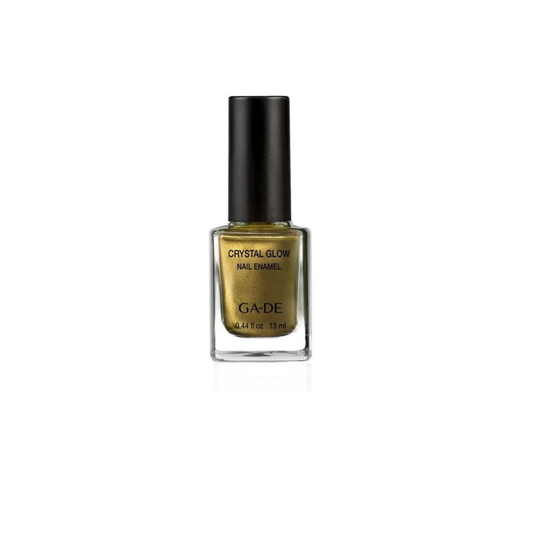 Ga-De Crystal Glow Nagellack. Goldfarbener Nagellack in quadratischer Glasflasche mit schwarzem Deckel. Aufschrift: Crystal Glow Nail Enamel.