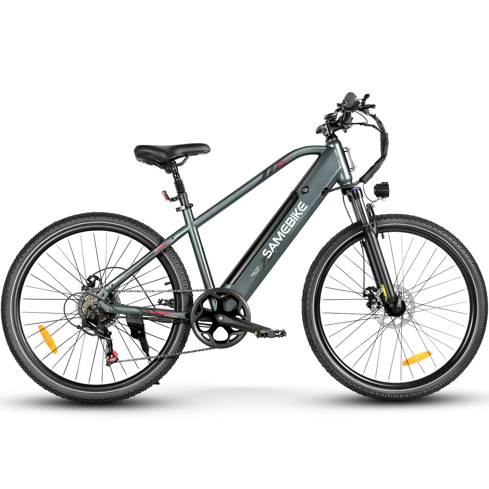Graues E-Mountainbike. Schwarze Reifen, Sattel und Lenker. Marke SAMEBIKE. Frontlicht.