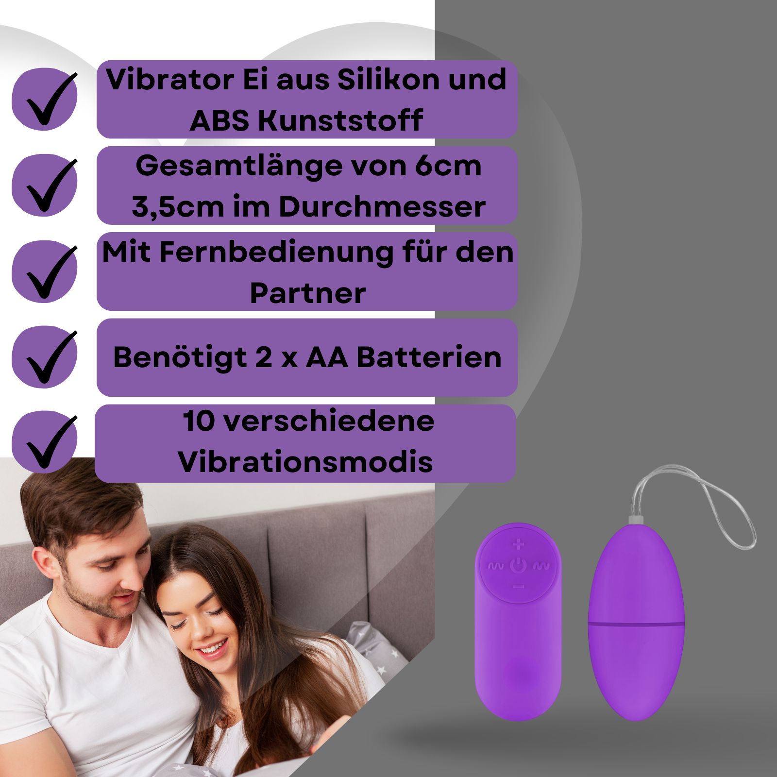 Werbebild mit Text. Ein Paar im Bett, daneben ein lila Ei-Vibrator und Fernbedienung. Auf grauem Hintergrund.