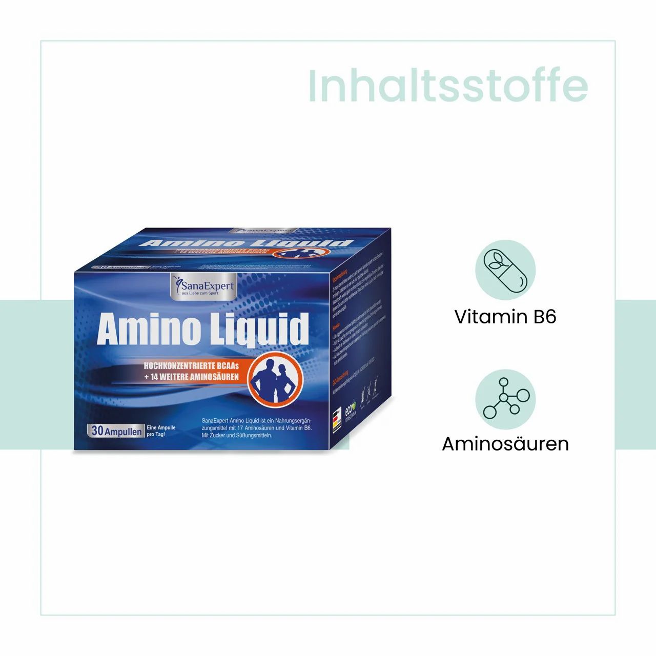 Blau-weiße Verpackung von SanaExpert Amino Liquid. Enthält 30 Ampullen. Aufschrift: Aminosäuren und Vitamin B6.