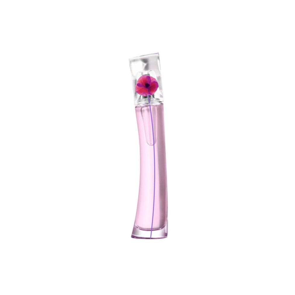 Eine schlanke, rosa Parfümflasche mit einer einzelnen roten Mohnblume im Verschluss.