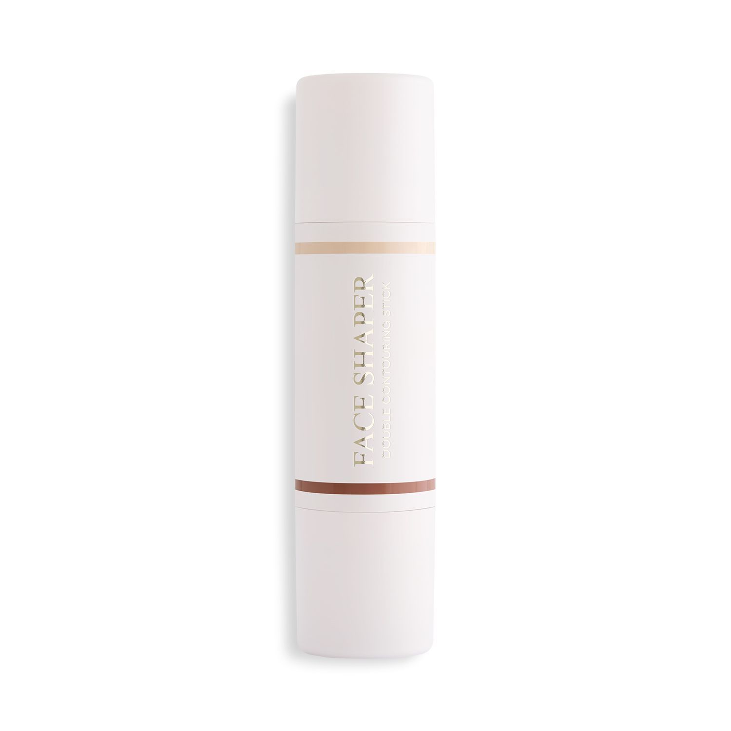 WYCON Cosmetics Face Shaper Double Contouring Stick 02 Medium. Un bastoncino bianco cilindrico con due tonalità: marrone chiaro e marrone scuro. Il bastoncino presenta la scritta "FACE SHADER" al centro.