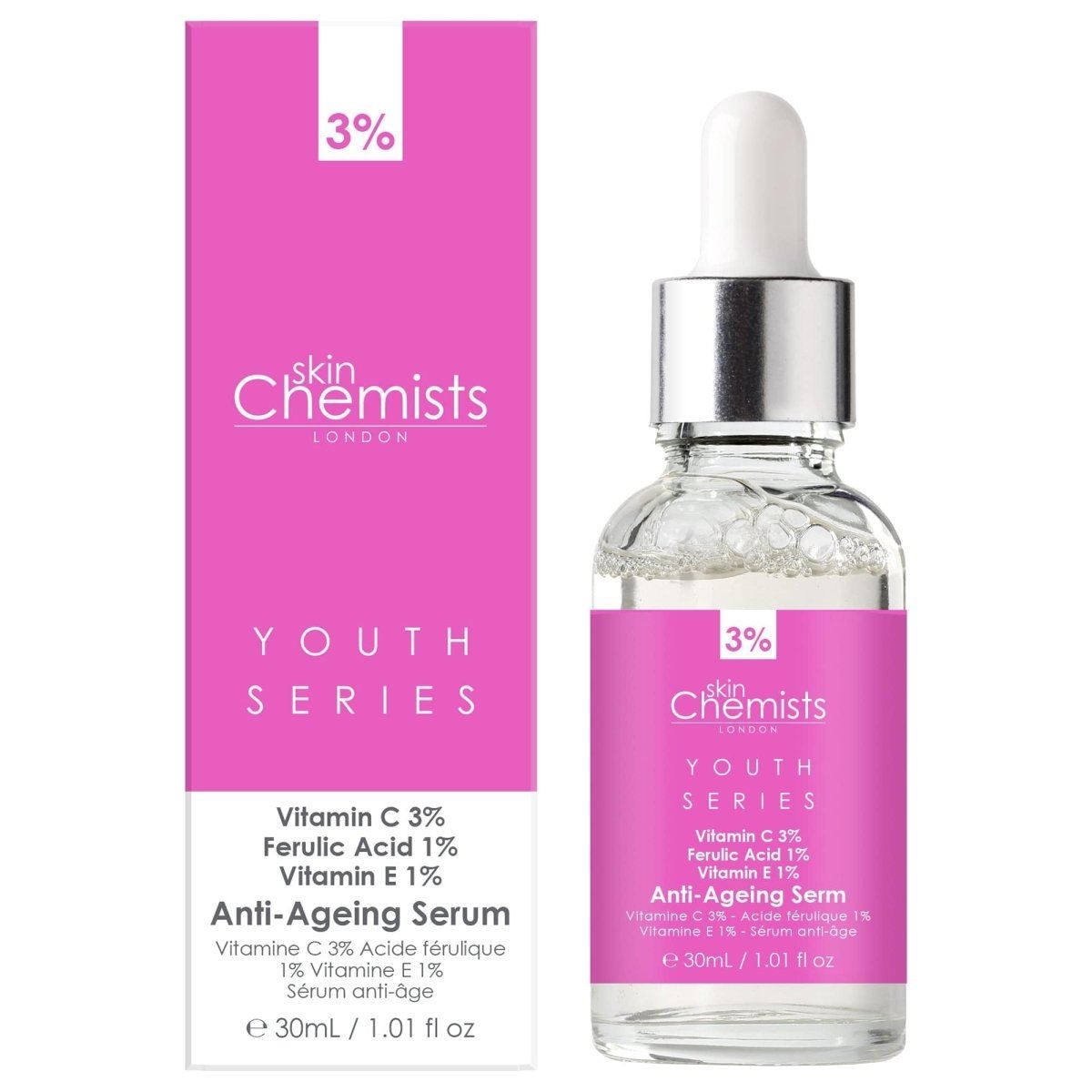 SkinChemists Anti-Aging Serum Flasche und Kartonverpackung. Enthält Vitamin C, Ferulasäure und Vitamin E.