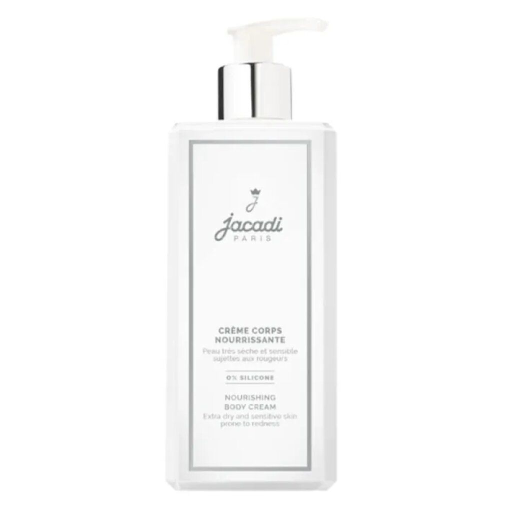Weiße Flasche mit silbernem Pumpkopf. Aufschrift: Jacadi Paris, Crème Corps Nourrissante, Nourishing Body Cream.