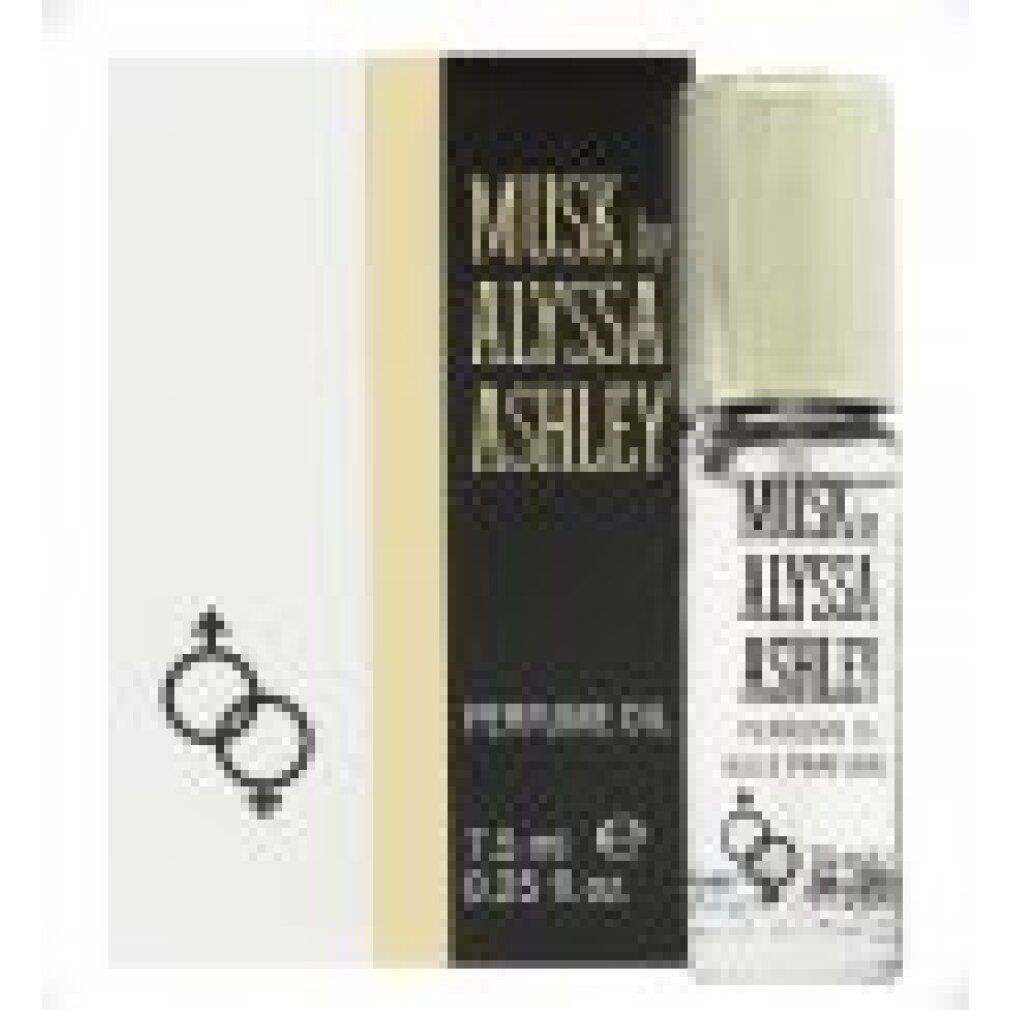 Parfümöl-Flakon und Verpackung. Schwarze und goldene Schrift: MUSK by ALYSSA ASHLEY. 7,5 ml. Abbildung von Symbolen für Mann und Frau.