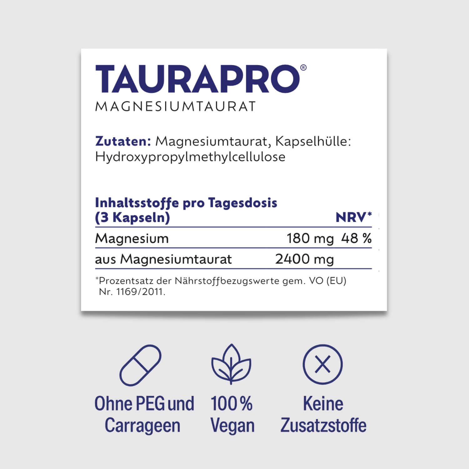 Text: TAURAPRO Magnesiumtaurat. Zutaten, Inhaltsstoffe pro Tagesdosis. Ohne PEG und Carrageen, 100% Vegan, Keine Zusatzstoffe.
