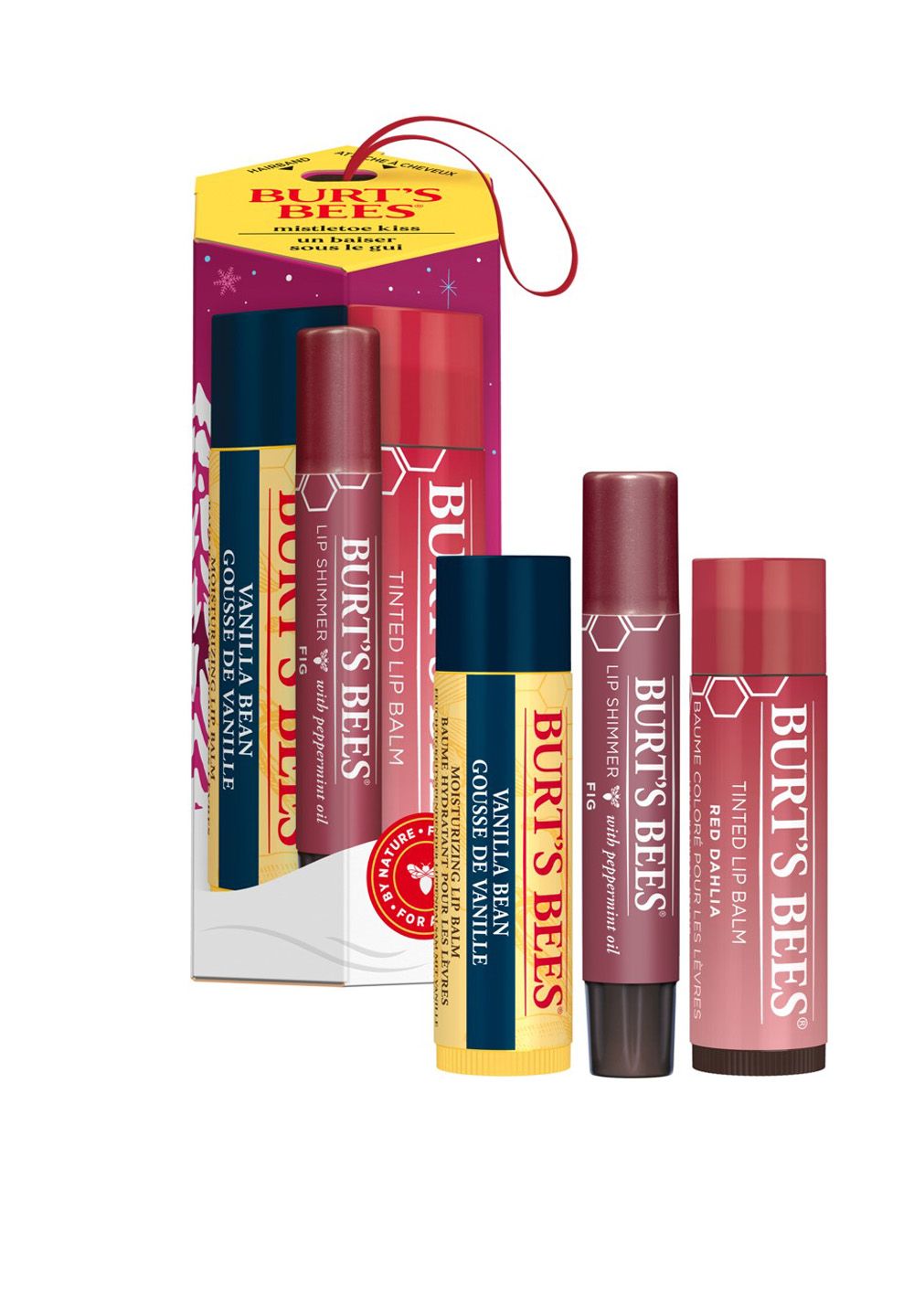 Geschenkset mit drei Lippenpflegeprodukten von Burt's Bees. Enthält Lip Shimmer, getönten Lippenbalsam und Lippenbalsam.