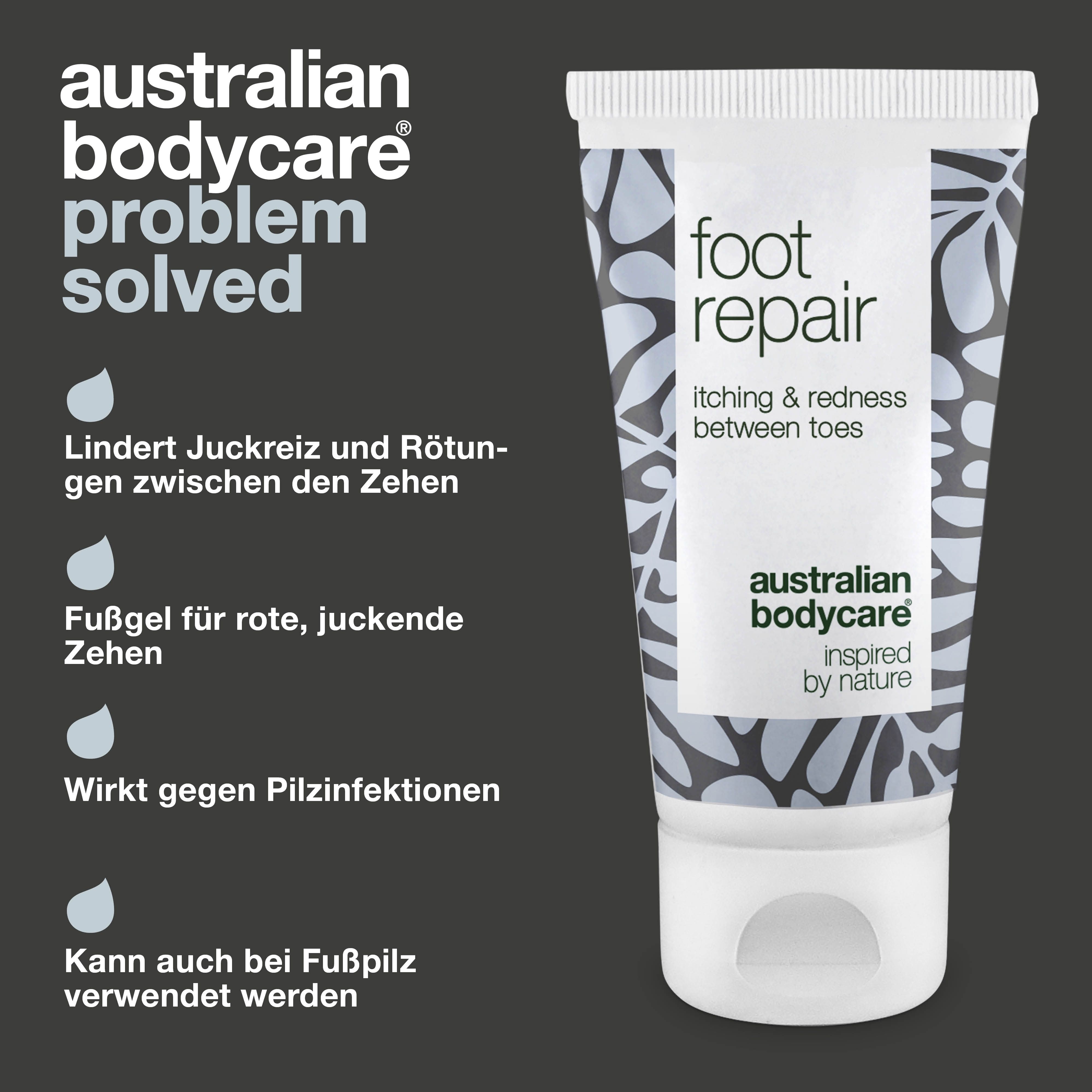 Fußpflege-Tube: foot repair, itching & redness between toes, Australian Bodycare. Text: Lindert Juckreiz und Rötungen.
