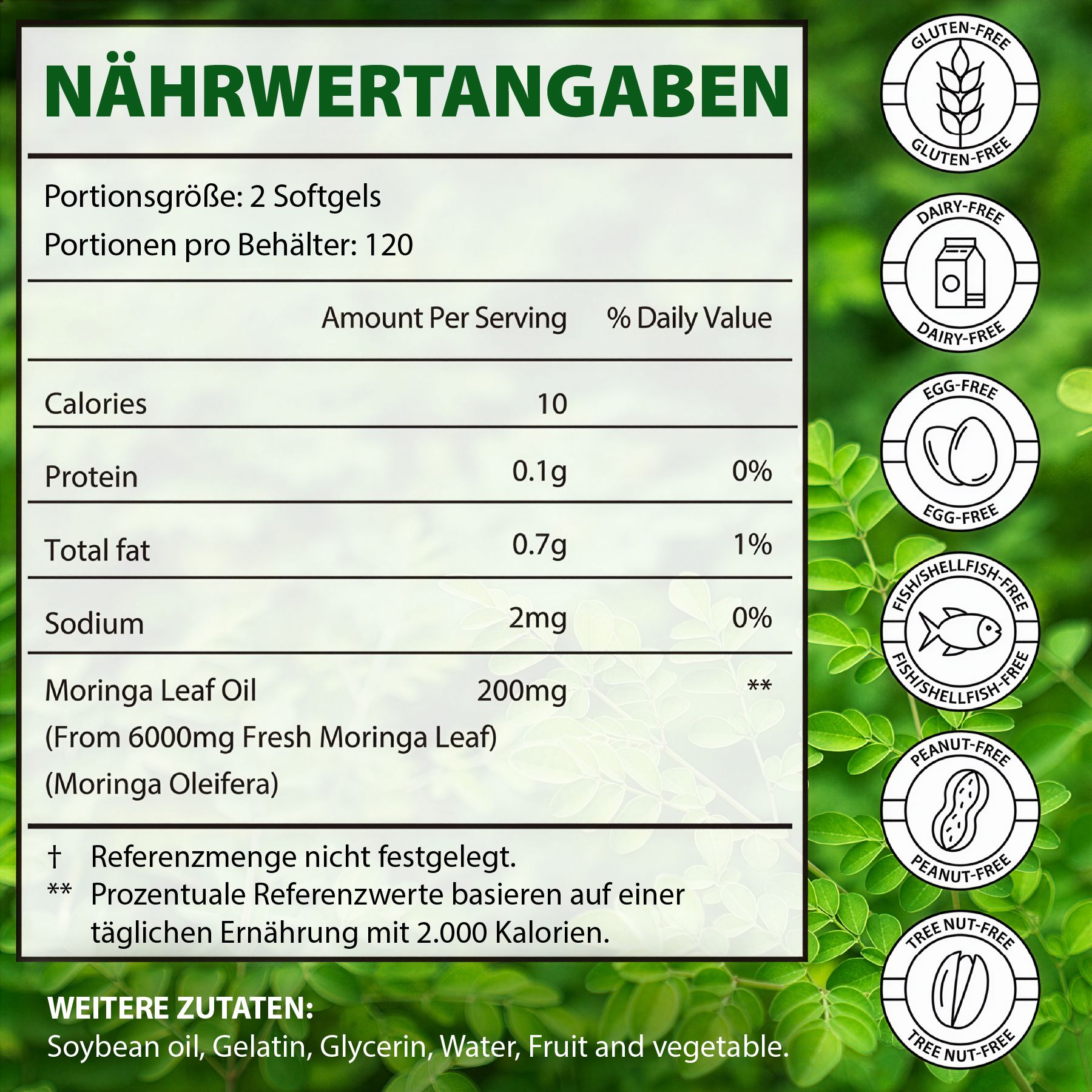 Nährwertangaben. Text: Portionsgröße: 2 Softgels. 10 Kalorien, 0,1g Protein, 0,7g Fett, 2mg Natrium.