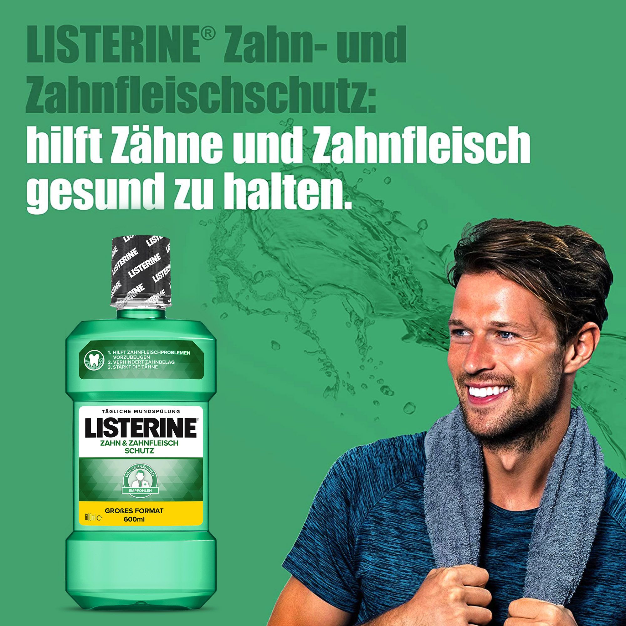 Grüne Flasche Mundspülung mit "Zahn & Zahnfleisch Schutz"-Etikett. Mann lächelt im Hintergrund. Text: "hilft Zähne und Zahnfleisch gesund zu halten".