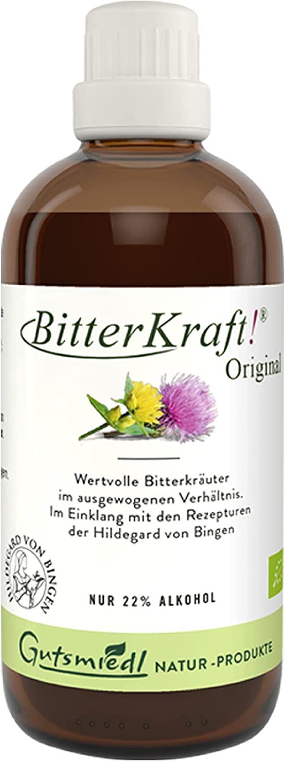Braune Flasche mit weißem Deckel. Auf dem Etikett steht "BitterKraft! Original" und "NUR 22% ALKOHOL".