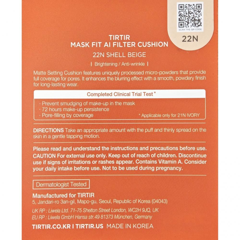 Tirtir Mask Fit AI Filter Cushion, 22N Shell Beige. Mattierende Foundation mit Puderfinish.
