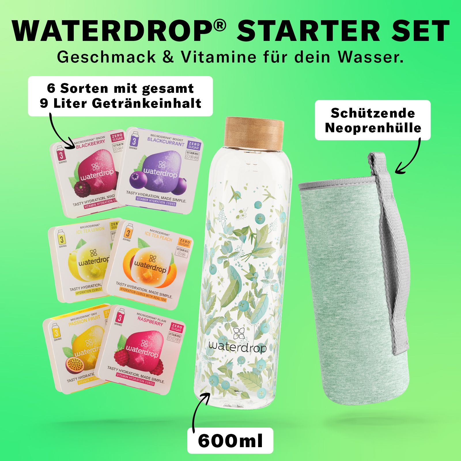 Glasflasche mit Holzdeckel, Neoprenhülle, 6x Packungen waterdrop. Aufschrift: WATERDROP® STARTER SET. 600ml-Markierung.