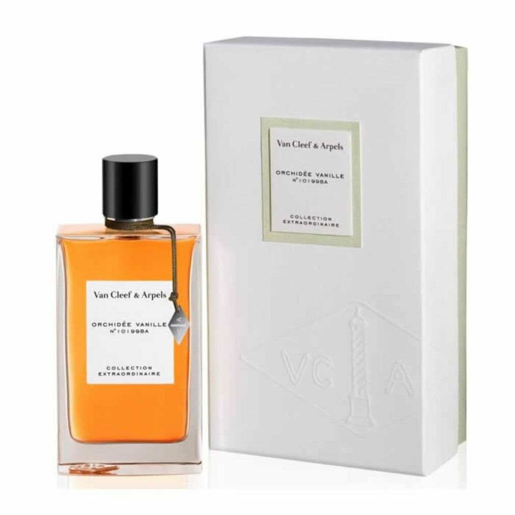 Parfümflasche neben weißer Verpackung. Aufschrift: Van Cleef & Arpels, Orchidée Vanille, Collection Extraordinaire. Verpackung mit Logo.