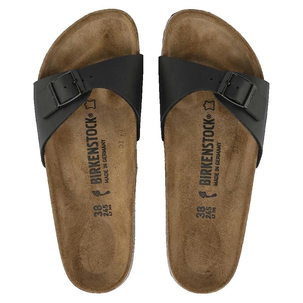 Due sandali neri. Visibile: marchio Birkenstock, taglia 38.