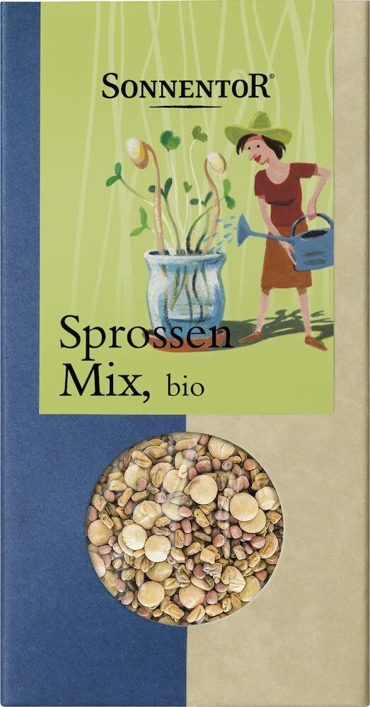 Sonnentor Sprossen-Mix Bio: Vorderseite der Verpackung mit Illustration einer Frau, die Pflanzen gießt, und einem Sichtfenster mit Sprossensamen.