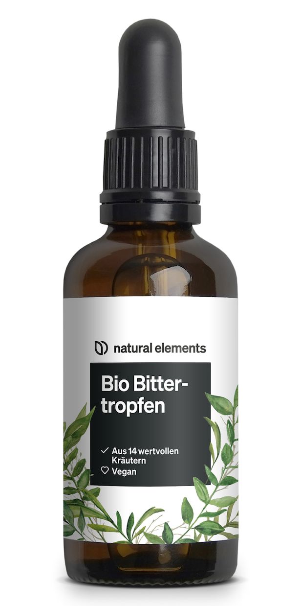 Braune Glasflasche mit schwarzem Tropfer. Etikett mit Produktname, Logo und grünen Blättern. Vegan und Kräuter-Hinweis.