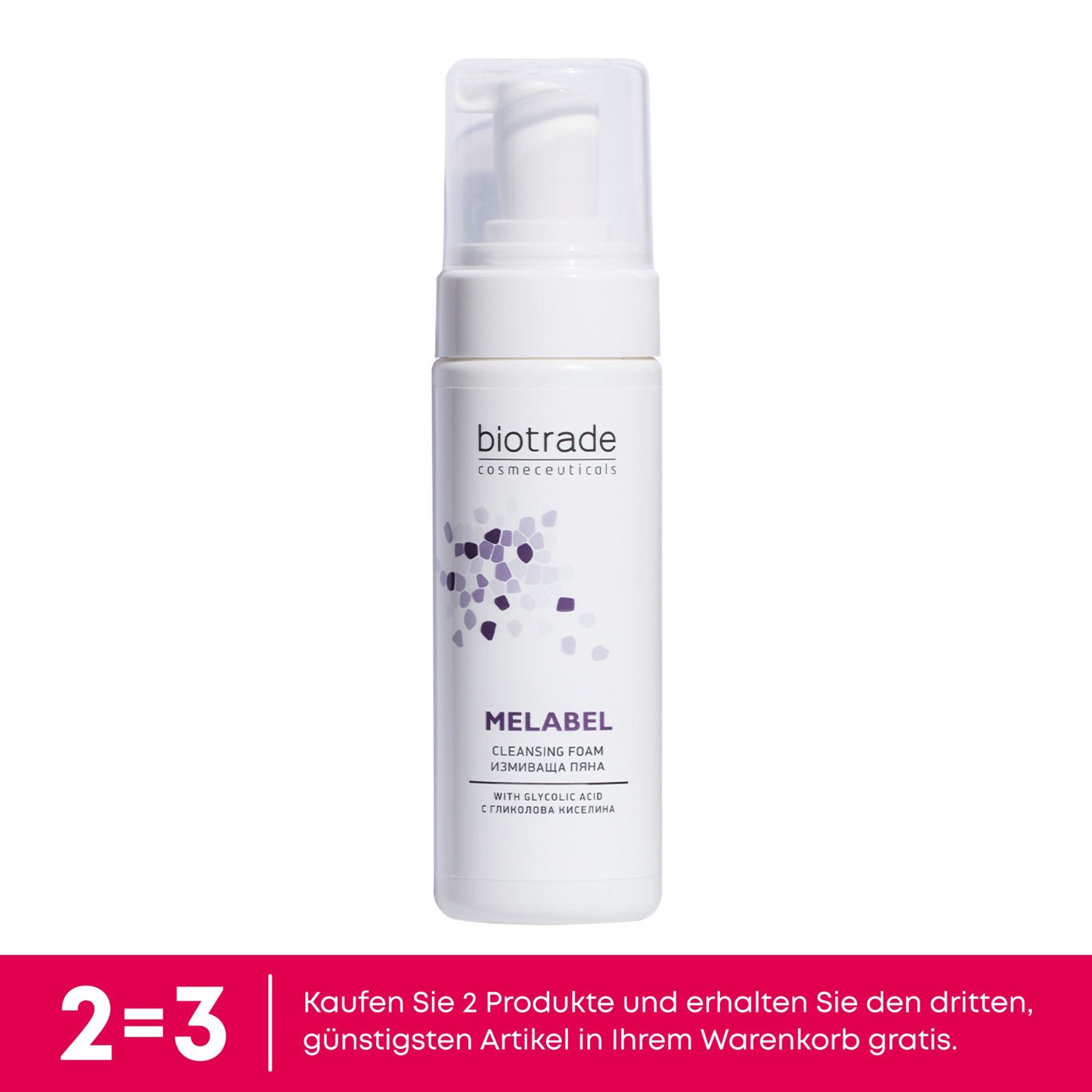 Biotrade Melabel Reinigungsschaum, weiß. Mit Pumpverschluss. Text: Melabel, Cleansing Foam.